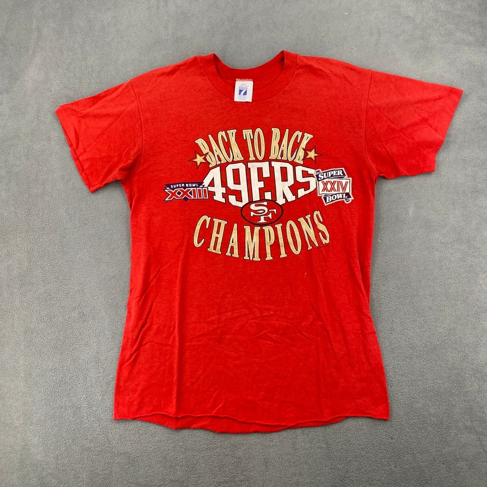 Vtg Logo 7 San Francisco 49ers Back to Back Champions T-Shirt Red Super Bowl XL